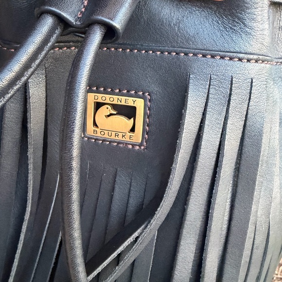 Dooney & Bourke black leather drawstring bucket bag with fringe - Picture 3 of 5